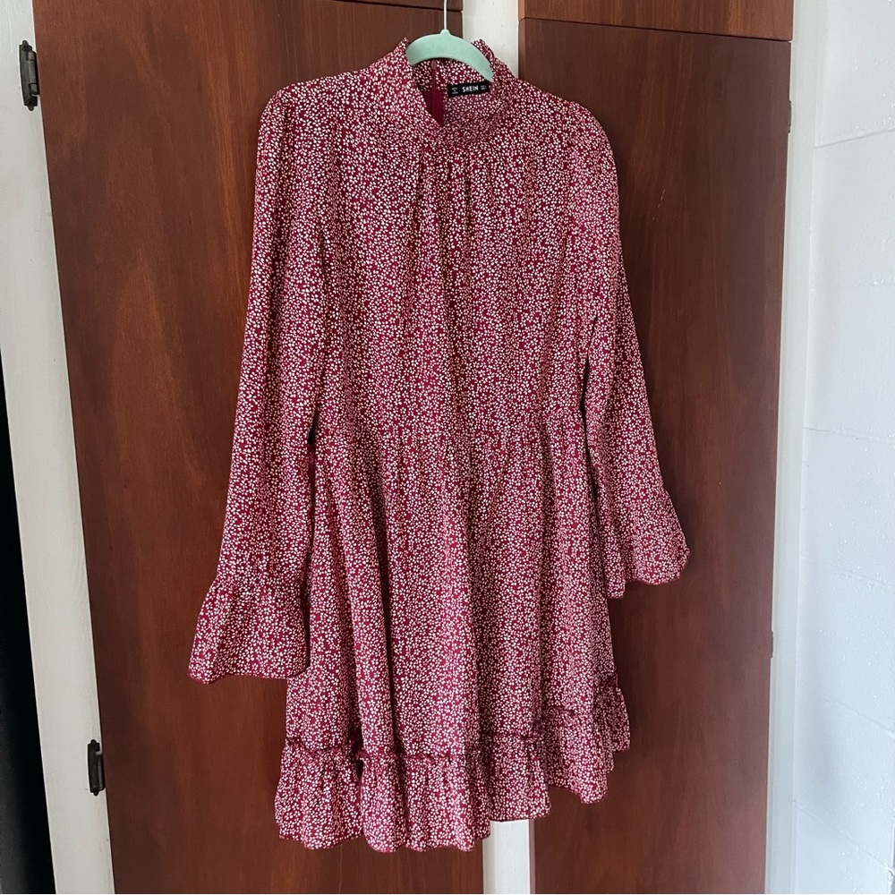 NWOT SHEIN red floral high neck long sleeve dress
